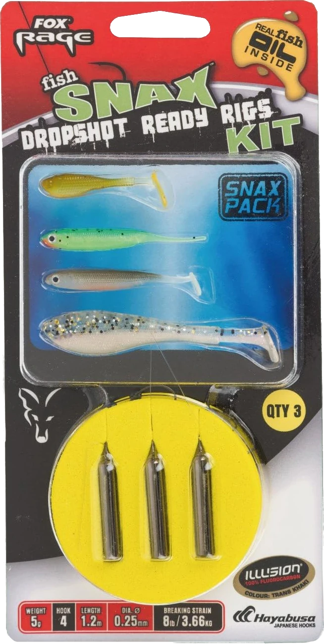 FOX Rage Dropshot Fish Snax Kit 1.3m x 0.25mm 3.66kg/8lb 7g Sz 2 x 3